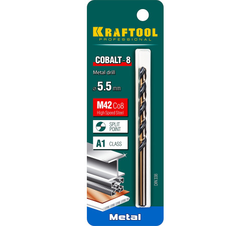 KRAFTOOL COBALT-8, 5.5 х 93 мм, сталь М42, HSS-Co(8%), сверло по металлу (29656-5.5) купить  в Сочи
