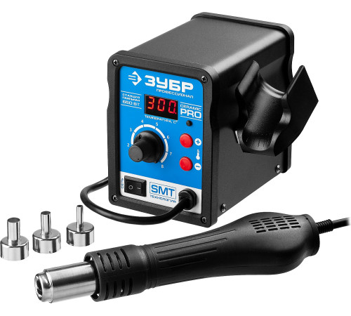 ЗУБР ПСТ-650, 650 Вт, 100 - 500°C,120 л/мин, 3 насадки, керамический нагреватель, цифровая термовоздушная паяльная станция, Профессионал (55350) купить  в Сочи