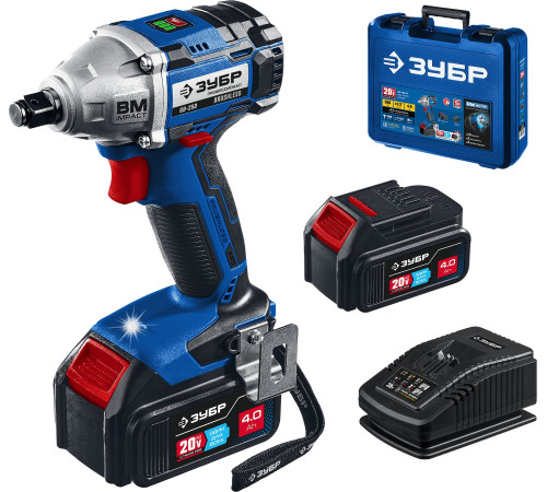 ЗУБР Т7, 20 В, 280 Н·м, 2 АКБ (4 А·ч), бесщеточный гайковерт, кейс, Профессионал (GB-250-42) купить  в Сочи