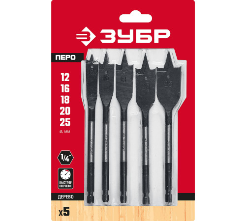 ЗУБР 5 шт, 12-16-18-20-25 мм, хвостовик HEX 1/4″, набор перовых сверл по дереву (29505-H5) купить  в Сочи