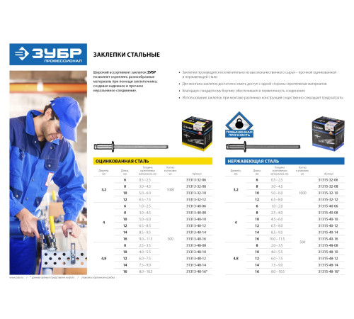 ЗУБР 3.2 x 12 мм, нержавеющие заклепки, 1000 шт, Профессионал (31315-32-12) купить  в Сочи