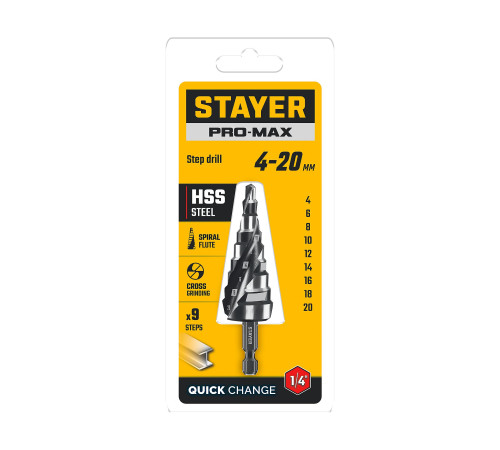 STAYER Pro-Max 4-20мм, 9 ступеней, винтовая спираль, сверло ступенчатое (29661-4-20-9) купить  в Сочи