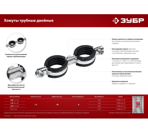 ЗУБР 3/4″, цинк, 8 шт, двойной трубный хомут (37890-25-29) купить  в Сочи