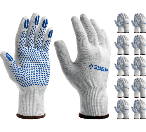 ЗУБР ТОЧКА+, L-XL, х/б перчатки с покрытием из ПВХ-геля, противоскользящие, точки увеличенного размера, 13 класс, 10 пар, Профессионал (11451-K10) купить  в Сочи