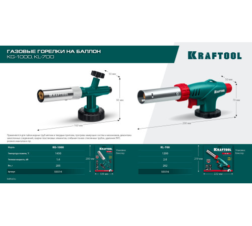 KRAFTOOL KG-1000 цельнометаллическая с пьезоподжигом, газовая горелка на баллон (55514) купить  в Сочи