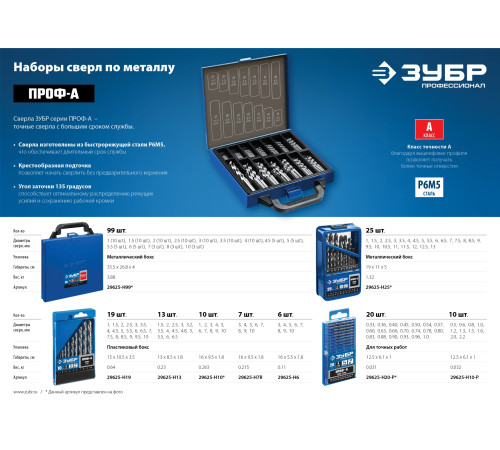 ЗУБР ПРОФ-А, 10 шт, (1-10 мм), сталь Р6М5, класс А, набор сверл по металлу, Профессионал (29625-H10) купить  в Сочи