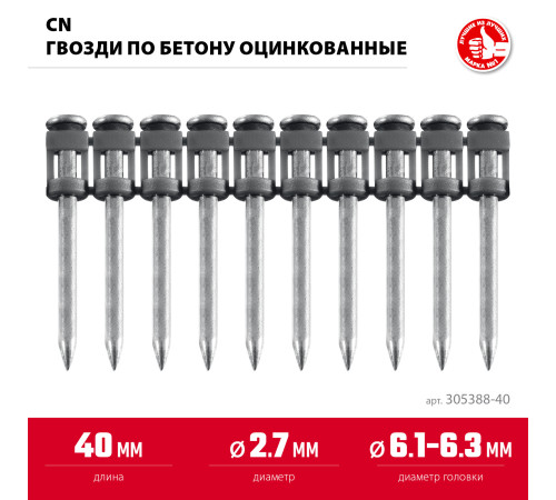 ЗУБР CN 40 х 2.7 мм, гвозди по бетону оцинкованные, 1000 шт (305388-40) купить  в Сочи