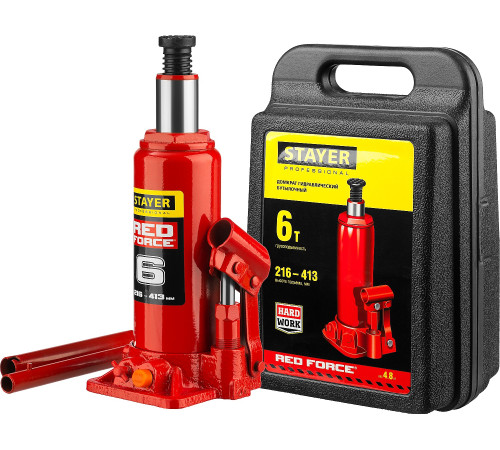 STAYER RED FORCE, в кейсе, 6 т, 216 - 413 мм, бутылочный гидравлический домкрат, Professional (43160-6-K) купить в Сочи STAYER RED FORCE, в кейсе, 6 т, 216 - 413 мм, бутылочный гидравлический домкрат, Professional (43160-6-K) купить в Сочи
