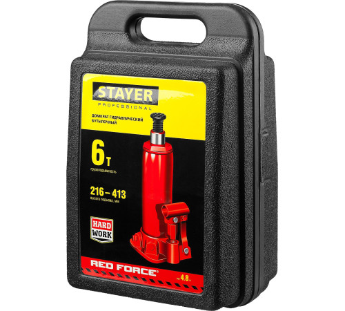 STAYER RED FORCE, в кейсе, 6 т, 216 - 413 мм, бутылочный гидравлический домкрат, Professional (43160-6-K) купить в Сочи STAYER RED FORCE, в кейсе, 6 т, 216 - 413 мм, бутылочный гидравлический домкрат, Professional (43160-6-K) купить в Сочи