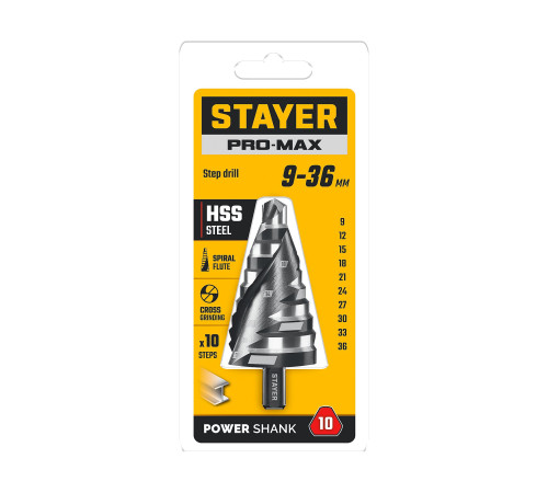 STAYER Pro-Max 9-36мм, 10 ступеней, винтовая спираль, сверло ступенчатое (29661-9-36-10) купить в Сочи STAYER Pro-Max 9-36мм, 10 ступеней, винтовая спираль, сверло ступенчатое (29661-9-36-10) купить в Сочи