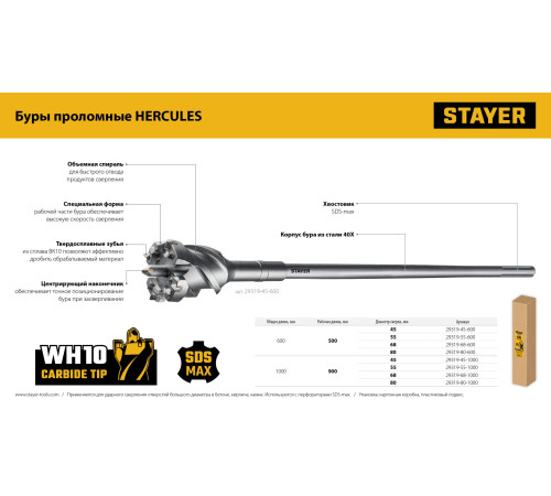 STAYER HERCULES-4Х d 45 х 500/600 мм, SDS-max проломной бур, PROFESSIONAL (29319-45-600) купить  в Сочи