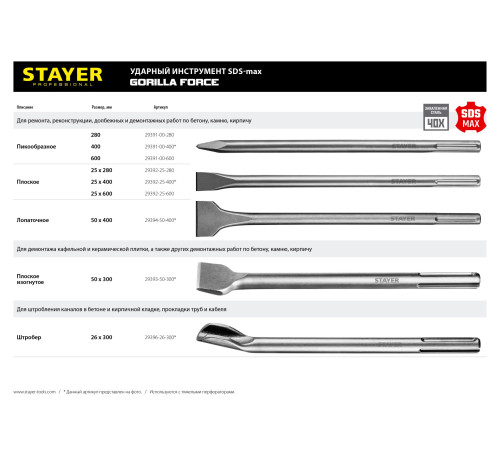 STAYER Gorilla Force, 600 мм, SDS-max, пикообразное зубило, Professional (29391-00-600) купить в Сочи STAYER Gorilla Force, 600 мм, SDS-max, пикообразное зубило, Professional (29391-00-600) купить в Сочи