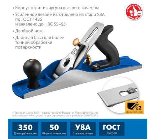 ЗУБР Полуфуганок, 350 х 60 мм, №5, металлический рубанок, Профессионал (18505-35) купить  в Сочи