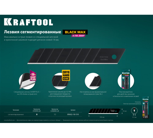 KRAFTOOL 18 мм, 10 шт, сегментированные лезвия (09602-18-S10) купить в Сочи KRAFTOOL 18 мм, 10 шт, сегментированные лезвия (09602-18-S10) купить в Сочи
