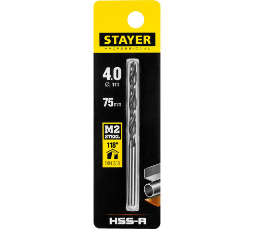 STAYER HSS-R, 4.0 х 75 мм, быстрорежущая сталь P6M5, сверло по металлу, Professional (29602-4) купить в Сочи STAYER HSS-R, 4.0 х 75 мм, быстрорежущая сталь P6M5, сверло по металлу, Professional (29602-4) купить в Сочи