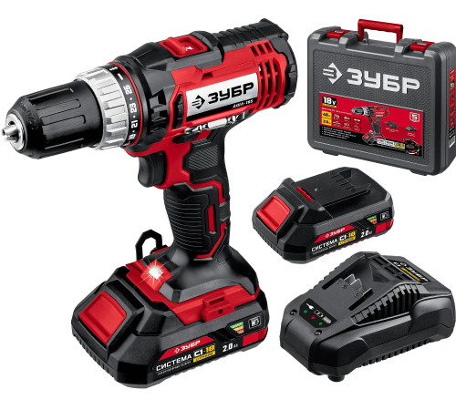 ЗУБР С1-18, 18 В, 40 Н·м, 2 АКБ (2 А·ч), дрель-шуруповерт, кейс (ДШЛ-185-22) купить  в Сочи