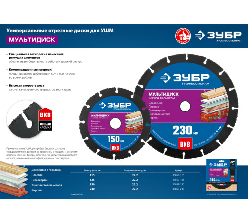 ЗУБР Мультидиск, 115 х 22.2 мм, для УШМ, диск отрезной по дереву(с твердосплавным зерном) (36859-115) купить  в Сочи