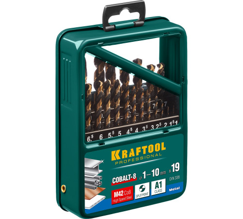 KRAFTOOL COBALT-8, 19 шт, (1-10 мм), сталь М42, HSS-Co(8%), набор сверл по металлу (29656-H19) купить в Сочи KRAFTOOL COBALT-8, 19 шт, (1-10 мм), сталь М42, HSS-Co(8%), набор сверл по металлу (29656-H19) купить в Сочи