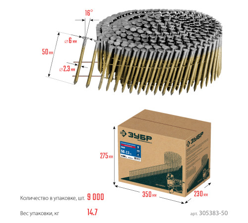 ЗУБР CNW 50 х 2.3 мм, барабанные гвозди рифленые оцинкованные, 9000 шт (305383-50) купить  в Сочи