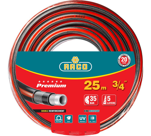 RACO PREMIUM, 3/4″, 25 м, 35 атм, пятислойный, усиленный двумя слоями армирования, поливочный шланг (40300-3/4-25) купить в Сочи RACO PREMIUM, 3/4″, 25 м, 35 атм, пятислойный, усиленный двумя слоями армирования, поливочный шланг (40300-3/4-25) купить в Сочи