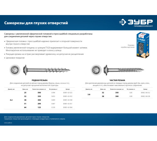 ЗУБР 51 х 4.2 мм, редкая резьба, ТХ20, цинк, 200 шт, саморез для глухих отверстий, Профессионал (30081-42-051) купить  в Сочи