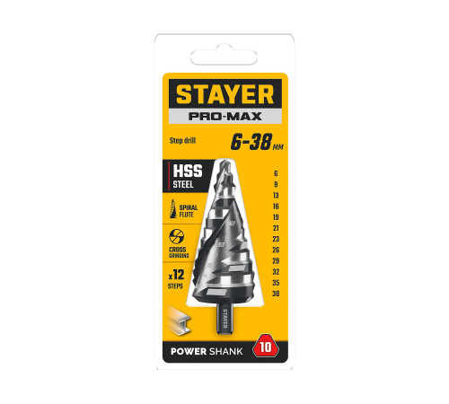 STAYER Pro-Max 6-38мм, 12 ступеней, винтовая спираль, сверло ступенчатое (29661-6-38-12) купить в Сочи STAYER Pro-Max 6-38мм, 12 ступеней, винтовая спираль, сверло ступенчатое (29661-6-38-12) купить в Сочи