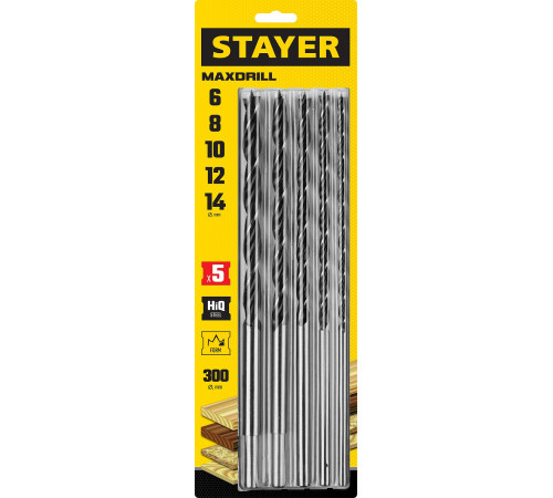 STAYER Maxdrill, 5 шт: 6-8-10-12-14 х 300 мм, набор сверл спиральных по дереву (2943-300-H5) купить  в Сочи