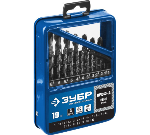 ЗУБР ПРОФ-А, 19 шт, (1-10 мм), сталь Р6М5, класс А, мет.бокс, набор сверл по металлу, Профессионал (29625-H19) купить  в Сочи