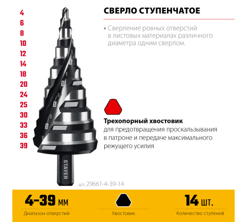 STAYER Pro-Max 4-39мм, 14 ступеней, винтовая спираль, сверло ступенчатое (29661-4-39-14) купить в Сочи STAYER Pro-Max 4-39мм, 14 ступеней, винтовая спираль, сверло ступенчатое (29661-4-39-14) купить в Сочи