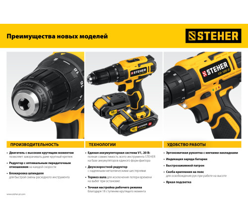 STEHER V1, 20 В, 40 Н·м, без АКБ, дрель-шуруповерт (CD-200) купить  в Сочи