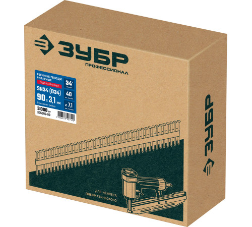 ЗУБР SN34 (D34) 90 х 3.1 мм, реечные гвозди рифленые оцинкованные, 3000 шт (305399-90) купить  в Сочи