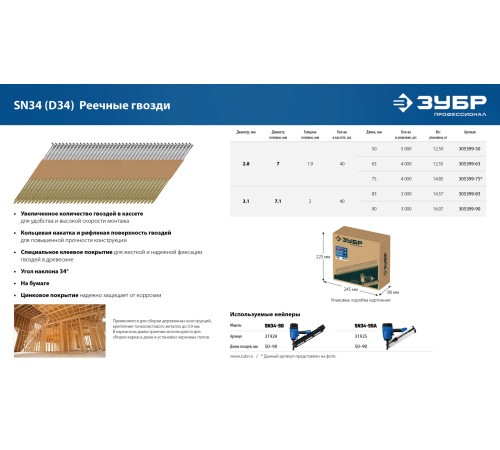ЗУБР SN34 (D34) 90 х 3.1 мм, реечные гвозди рифленые оцинкованные, 3000 шт (305399-90) купить  в Сочи