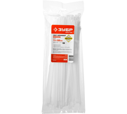 ЗУБР КСР-Б1, 7.5 x 300 мм, нейлон РА66, 100 шт, белые, кабельные стяжки разъемные, Профессионал (309240-75-300) купить  в Сочи