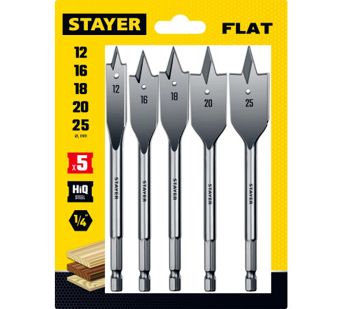 STAYER Flat, 5 шт: 12-16-18-20-25 мм, набор перовых сверл по дереву (2950-H5) купить в Сочи STAYER Flat, 5 шт: 12-16-18-20-25 мм, набор перовых сверл по дереву (2950-H5) купить в Сочи