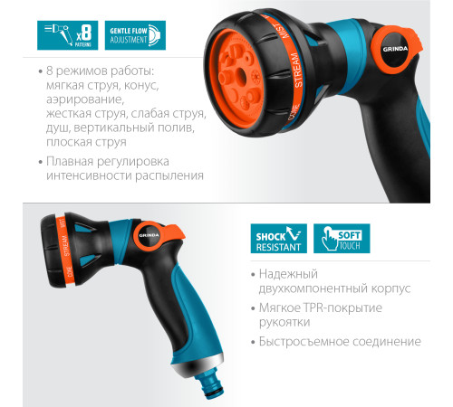 GRINDA S-8, 8 режимов, двухкомпонентный с регулятором напора, поливочный пистолет, PROLine (429100) купить в Сочи GRINDA S-8, 8 режимов, двухкомпонентный с регулятором напора, поливочный пистолет, PROLine (429100) купить в Сочи