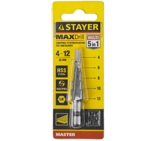 STAYER 4-12 мм, 5 ступеней, сталь HSS, ступенчатое сверло (29660-4-12-5) купить  в Сочи