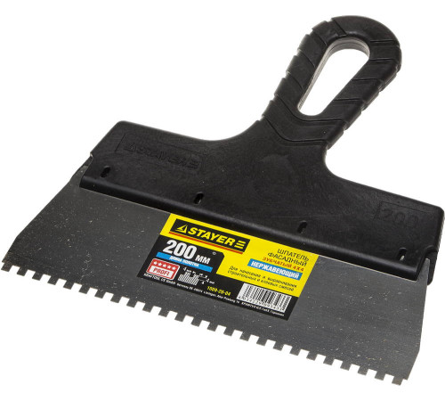 STAYER PROFlat, 200 мм, зуб 4 х 4 мм, пластиковая ручка, зубчатый, нержавеющий фасадный шпатель, Professional (1009-20-04) купить  в Сочи