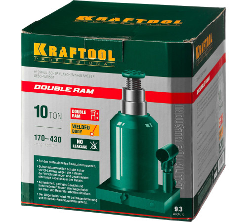 KRAFTOOL DOUBLE RAM, 10 т, 170 - 430 мм, с увеличенным подъемом, двухштоковый бутылочный домкрат (43463-10) купить  в Сочи