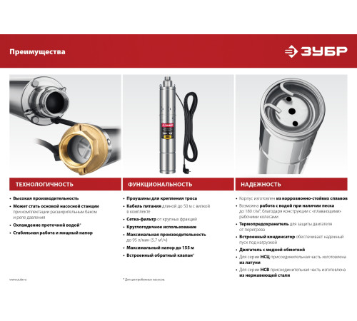 ЗУБР 550 Вт, 40 м напор, скважинный центробежный насос, корпус из нержавеющей стали (НСЦ-75-40) купить  в Сочи