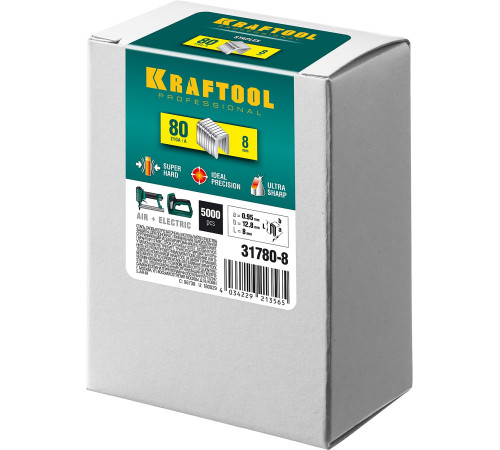 KRAFTOOL тип 21GA (80/Pr A/Senco AT) 8 мм, 5000 шт, скобы для степлера (31780-8) купить  в Сочи