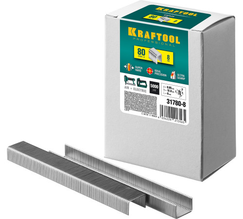 KRAFTOOL тип 21GA (80/Pr A/Senco AT) 8 мм, 5000 шт, скобы для степлера (31780-8) купить  в Сочи