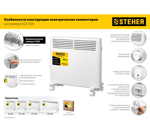 STEHER Е серия 0.5 кВт, электрический конвектор (SCE-500) купить  в Сочи