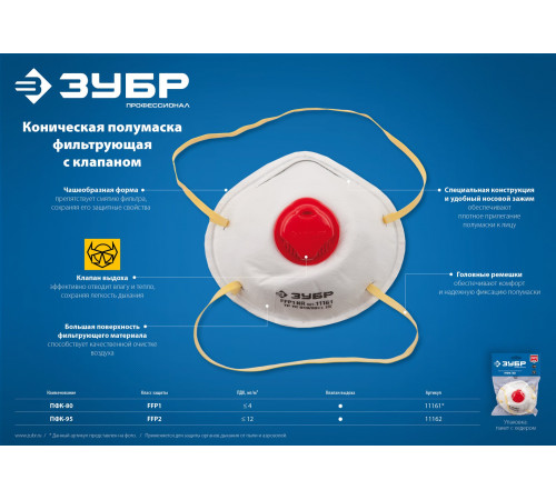 ЗУБР ПФК-95, класс защиты FFP2, коническая, фильтрующая полумаска с клапаном выдоха (11162) купить  в Сочи