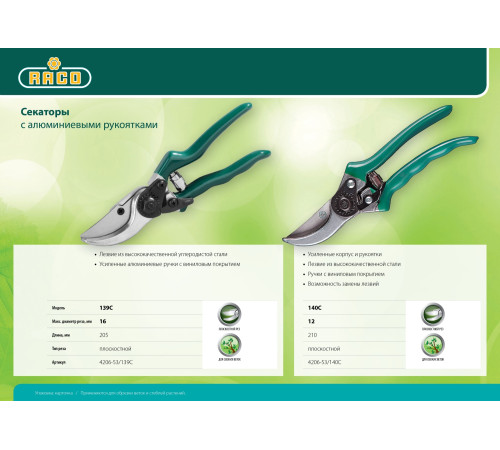 RACO 140C, 205 мм, хромированные лезвия, алюминиевые рукоятки, плоскостной секатор (4206-53/140C) купить  в Сочи