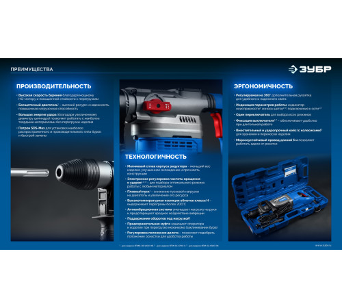 ЗУБР 52 мм, 1500 Вт, перфоратор SDS-Max, Профессионал (ЗПМ-52-1500 ЭК) купить  в Сочи