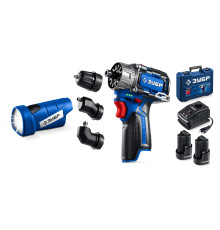 ЗУБР КОМБИ #4, набор: модульная дрель-шуруповерт + LED фонарь, BRUSHLESS, 12 В, 45 Н·м, 2 АКБ тип Т7 (2 А·ч), кейс, Профессионал (DB-125-22F)