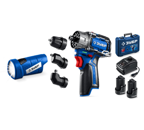 ЗУБР КОМБИ #4, набор: модульная дрель-шуруповерт + LED фонарь, BRUSHLESS, 12 В, 45 Н·м, 2 АКБ тип Т7 (2 А·ч), кейс, Профессионал (DB-125-22F) купить  в Сочи