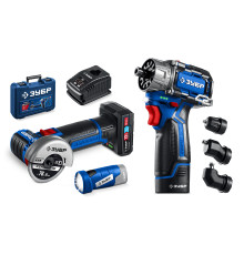 ЗУБР КОМБИ #5 набор: дрель-шуруповерт + мини УШМ + LED фонарь, BRUSHLESS, 12 В, 45 Н·м, 2 АКБ тип Т7 (4 и 2 А·ч), кейс, Профессионал (DB-125-42ABF)