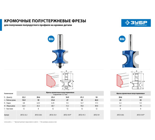ЗУБР 41.3 x 35 мм, радиус 12.7 мм, фреза полустержневая с подшипником, Профессионал (28722-41.3) купить  в Сочи