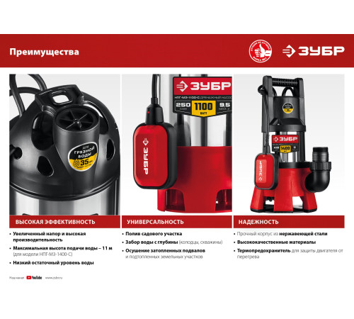 ЗУБР 1100 Вт, дренажный насос для грязной воды, корпус - нерж. сталь (НПГ-М3-1100-С) купить  в Сочи
